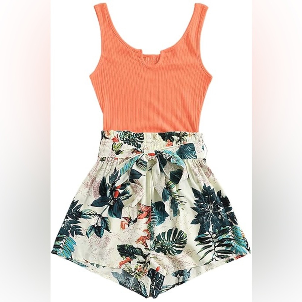 Casual Sleeveless Jumpsuits Summer Tropical Belted Shorts Tank Romper